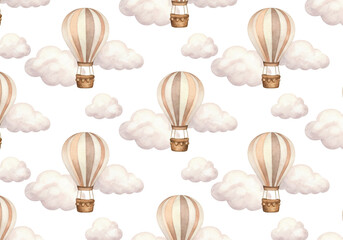 Dreamy seamless pattern featuring vintage hot air balloons floating among soft clouds, evoking a sense of whimsy