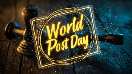 Neon glowing stamp with cosmic light surrounding central text "World Post Day"