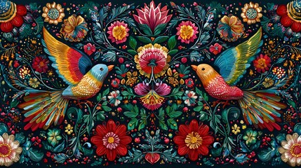 Ornamental folk bird motifs arranged in radial symmetry surrounded by floral accents in vibrant hues