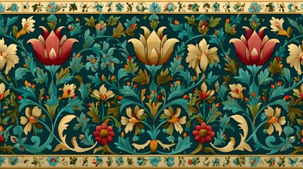 Ornamental folk craft inspired flower and vine motifs repeating in symmetrical layers