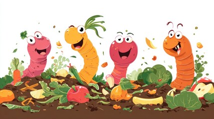 Naklejka premium Animated worms with smiling faces compost food scraps in colorful illustration style
