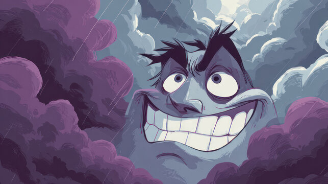 Caricature of a smiling face amidst ominous clouds, with rain falling in the background