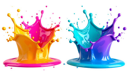  Two dynamic colorful paint splash variations isolated on transparent background