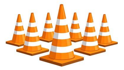 A collection of bright orange and white traffic cones, arranged in a group on a white background, symbolizing safety and caution