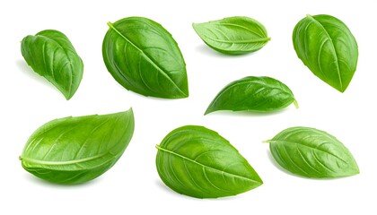 A collection of vibrant, fresh green leaves scattered against a clean white background. The leaves appear glossy and healthy