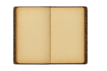 Open vintage notebook with blank graph paper pages, old textured cover, transparent background, empty journal concept