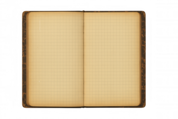 Open vintage notebook with blank graph paper pages, old textured cover, transparent background, empty journal concept