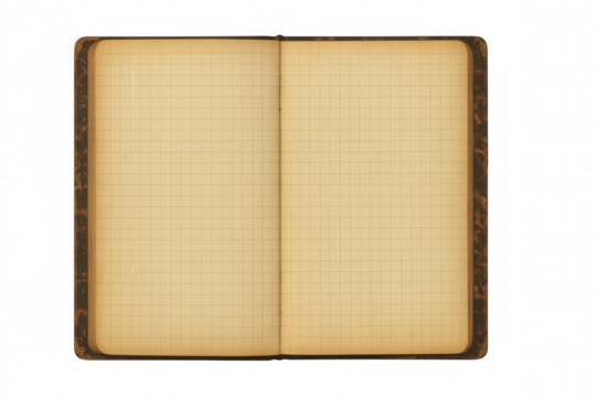 Open vintage notebook with blank graph paper pages, old textured cover, transparent background, empty journal concept