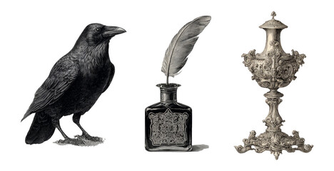 Black Raven with Ink Bottle and Quill on Transparent Background for Art Projects