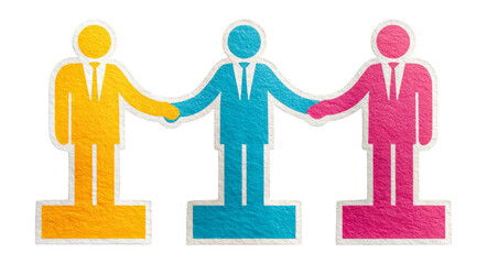 Three Stylized Figures Shaking Hands in Bright Colors on a Transparent Background