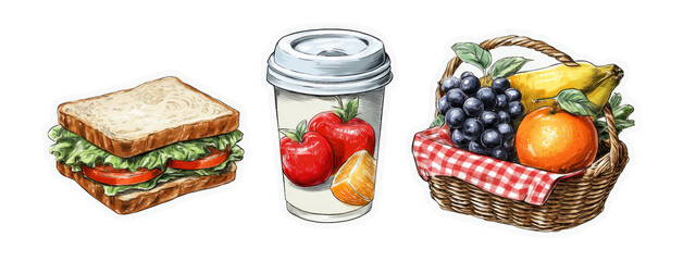 Fresh Sandwich, Coffee Cup, and Fruit Basket Isolated on Transparent Background