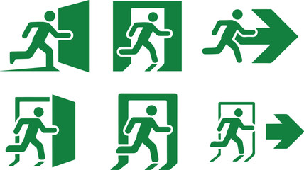 Green Evacuation Exit Sign Set, Fire Exit Direction Icons, Emergency Safe Route, Safety Arrow Symbols