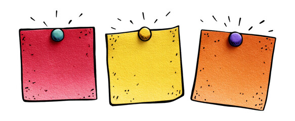 Colorful Isolated Sticky Notes with Push Pins on Transparent Background