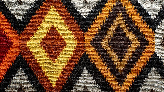 Repeating geometric weaving pattern inspired by indigenous crafts with diamond shapes and bold earthy hues on textured textile background