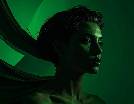 Dramatic Portrait Background Dark Wallpaper Solid Mood 3D Render View, creating Mysterious Green Lighting 85mm Cinematic Abstract