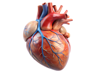 Anatomical model of a human heart with arteries and veins, isolated on transparent background