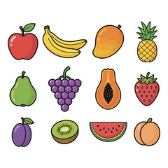 Colorful Cartoon Fruit Icons Collection Isolated on White Background