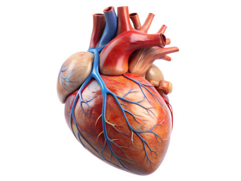 Anatomical model of a human heart with arteries and veins, isolated on transparent background