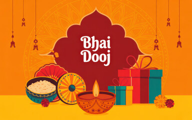 Radiant Bhai Dooj Festival Illustration with Gifts, Sweets, and Diya Lamp on Festive Orange Backdrop