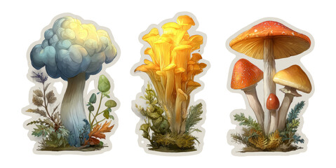 Vibrant Collection of Various Styles of Isolated Mushrooms with Unique Colors