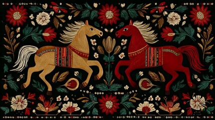 Fototapeta premium Stylized folk craft horse and floral combinations forming repeating ornamental pattern in rich cultural colors