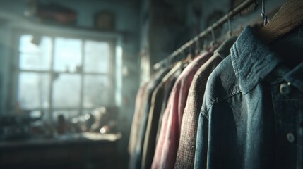 Row of Clothes Hanging on a Rack Inside a Rustic Room with Window Light