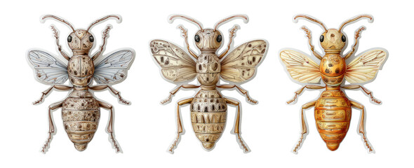 Detailed Artistic Representation of Three Distinct Bees on Transparent Background