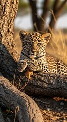 Leopard Cub Resting on a Branch in Golden Light.