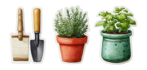 Gardening Tools and Potted Herbs Illustration on Transparent Background