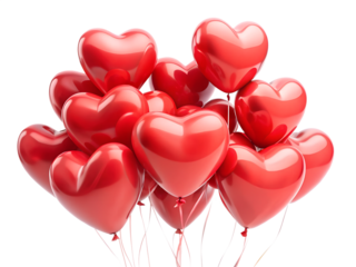 Cluster of red heartshaped balloons floating, isolated on transparent background