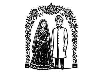 Traditional Indian wedding couple illustration with ornate floral arch design in black ethnic attire artwork isolated on white background