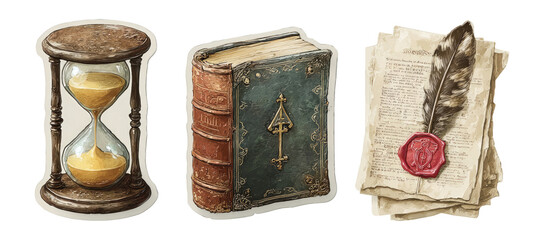 Vintage Hourglass, Ancient Book, Feather Quill with Sealed Letter on Transparent Background