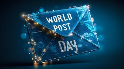 Traditional blue air mail envelope with glowing light patterns and radiant text "World Post Day"