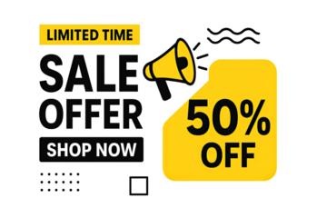 Bold promotional megaphone announcement showcasing limited time fifty percent discount sale offer banner graphic isolated on white background