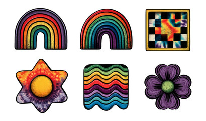 Vibrant Rainbow and Flower Designs with Geometric Shapes on Transparent Background