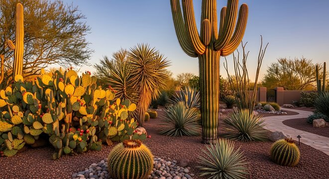 Arizona Desert Garden at Sunset - Cacti and Native Plants.