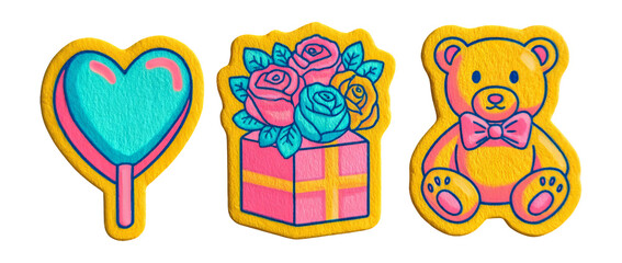 Colorful and Stylized Icons of Heart Lollipop, Gift Box with Roses, Teddy Bear
