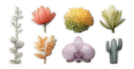 Colorful Illustration of Isolated Floral and Plant Elements on Transparent Background