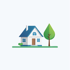 Fototapeta premium Minimalist House Illustration with Tree and Green Lawn Representing Residential Property