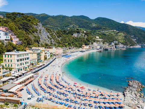 Cinque Terre, Italy - aerial view of Monterosso al mare beach on the Liguria coast