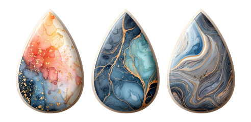 Artistic Drop Shapes with Colorful Swirls and Gold Accents on Transparent Background