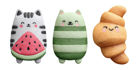 Cute Cartoon Characters of Animals and Food in Soft Colors Isolated on Transparent Background