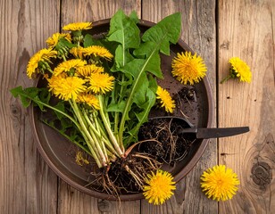 A collection of bright yellow dandelions with green leaves, and a garden tool. Placed on a rustic brown plate over wooden planks