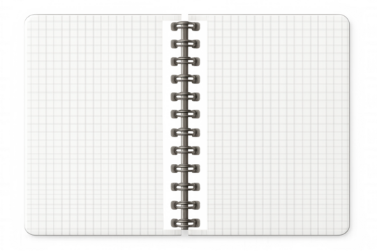 Open discbound notebook with blank grid paper pages, personal planner for organizing ideas and notes, transparent background