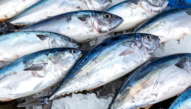 A close-up view of fresh, silver-blue fish displayed on crushed ice in a market setting. The raw seafood exhibits shiny scales