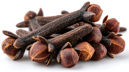 Obraz premium a small pile of dried whole cloves, showcasing the contrast between the dark, elongated, woody stems and the rounded, lighter brown flower bud crowns