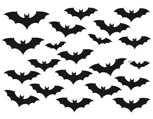 A collection of cartoon bats, rendered with simplistic forms, scattered across a blank white background in random positions