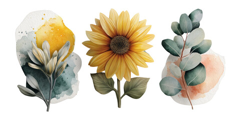Beautiful Sunflower and Floral Illustrations with Soft Watercolor Backgrounds