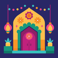 Decorated Diwali Home Entrance with Lanterns and Rangoli on White Background
