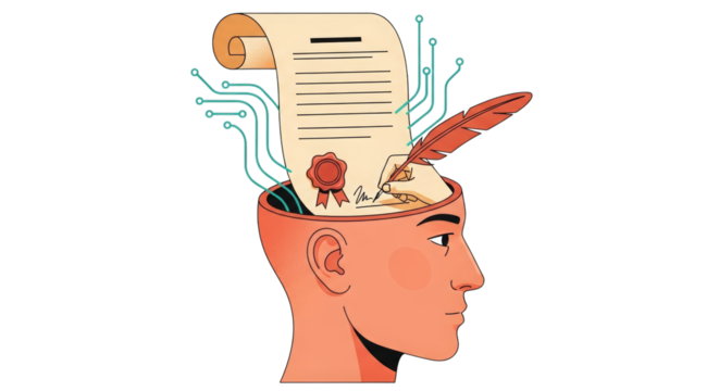 Head with document and quill isolated on a transparent background brain scroll - Powered by Adobe